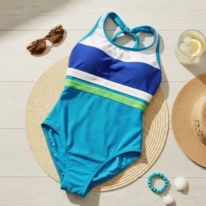 Vtg Sirena Concepts One Piece Swimsuit Women 6 High Neck Colorblock 90s Blue